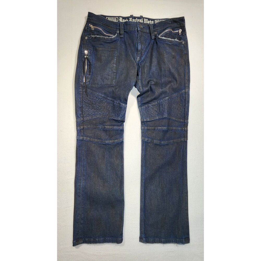 Rock Revival Taniel Moto Jeans Mens 38/31 Indigo Dark Wash Biker Slim Straight
